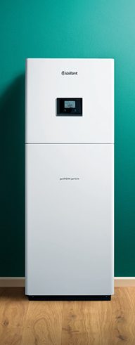 Tower einer Wärmepumpe vor einer grünen Wand, mit digitalem Display.