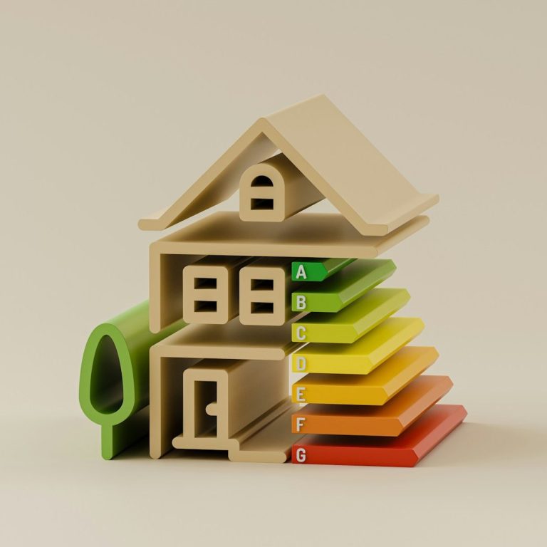 Modell eines Hauses mit Energieeffizienzskala von A bis E in bunten Farben.